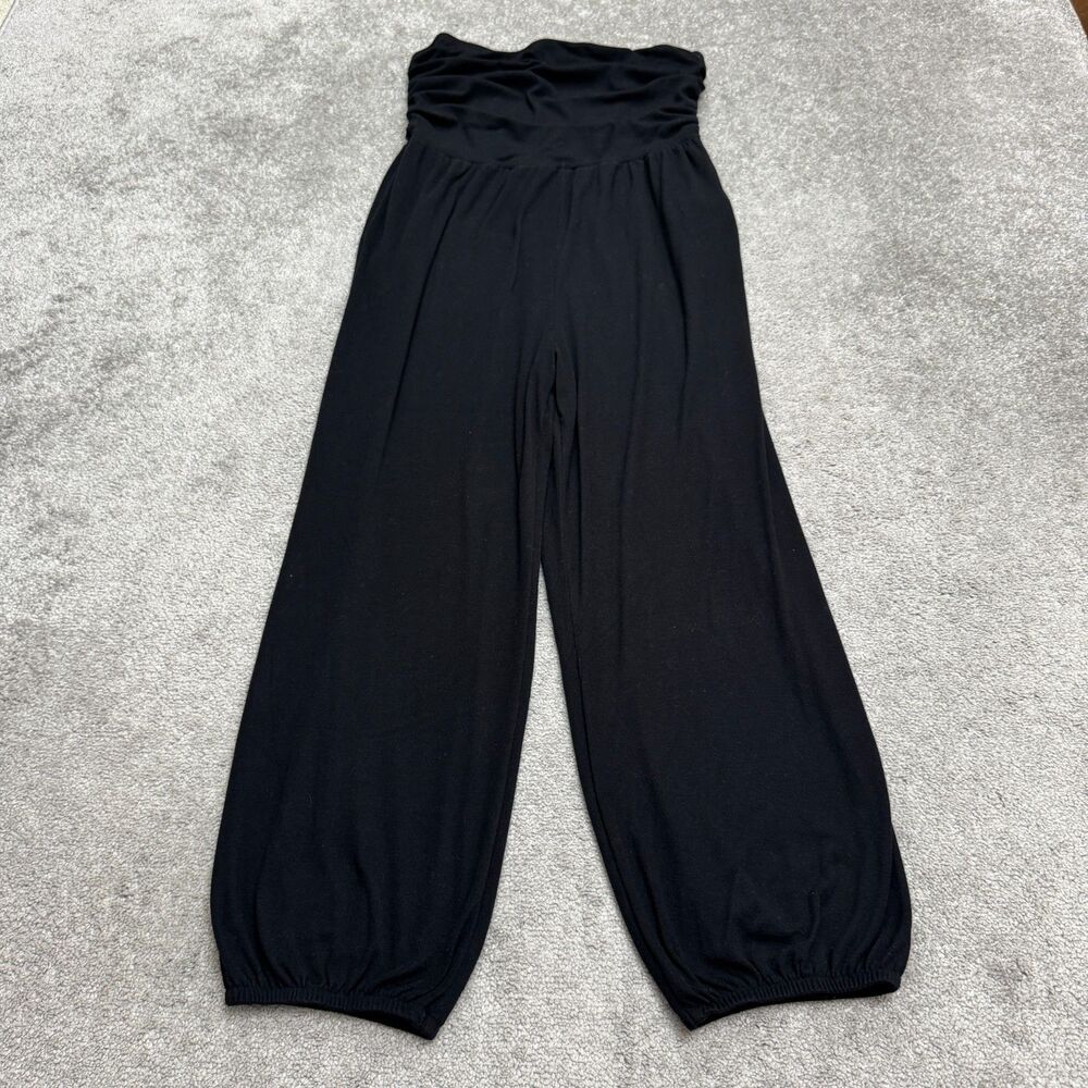 Lulus Strapless Tube Top Jogger Jumpsuit Womens XL Black Ruched Knit Stretch Fit